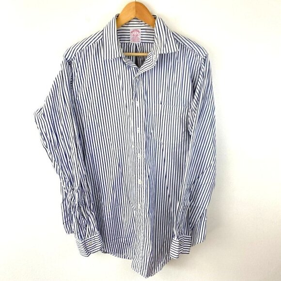 Brooks Brothers Men's Button Up Striped Shirt Size 17 - 6 Blue Long Sleeve - Picture 1 of 16